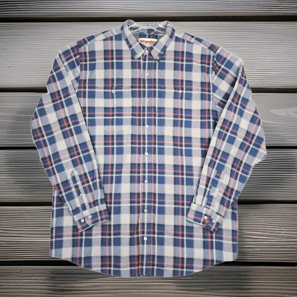 Wrangler Men's Shirt Long Sleeve Button Up Blue Plaid Pockets 2XL